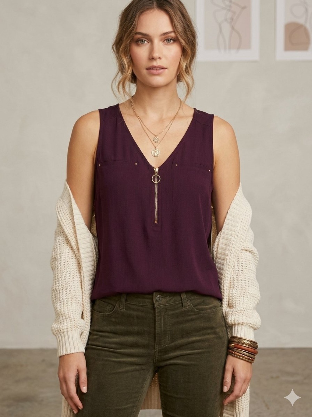 NWT Tempted Deep Plum Zip V-Neck Sleeveless Tank